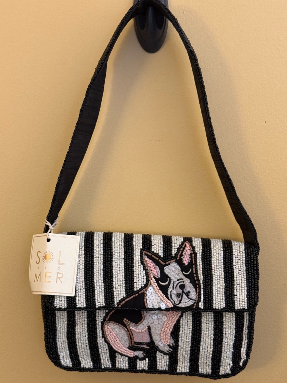 SOL and MER Handcrafted Black & White Striped Purse with French Bulldog. NWT